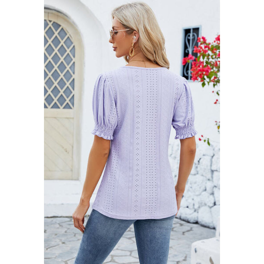 Eyelet Square Neck Short Sleeve T-Shirt Lavender / S Apparel and Accessories