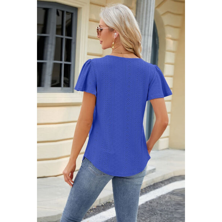 Eyelet Square Neck Short Sleeve T-Shirt Apparel and Accessories