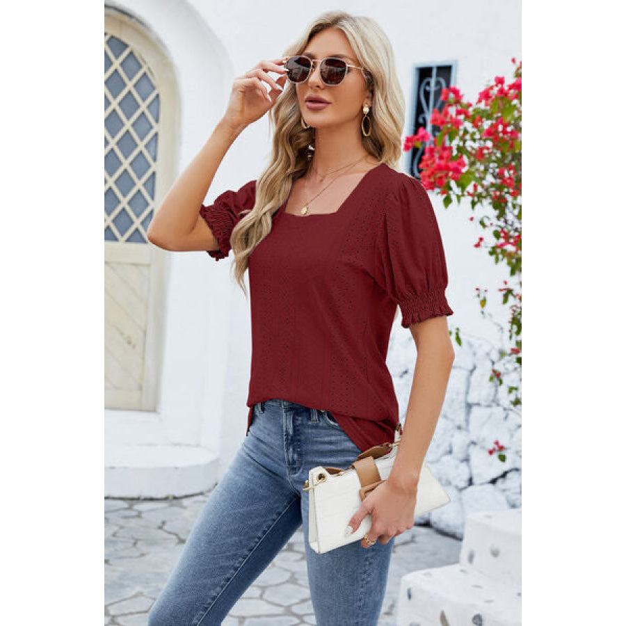 Eyelet Square Neck Short Sleeve T-Shirt Apparel and Accessories