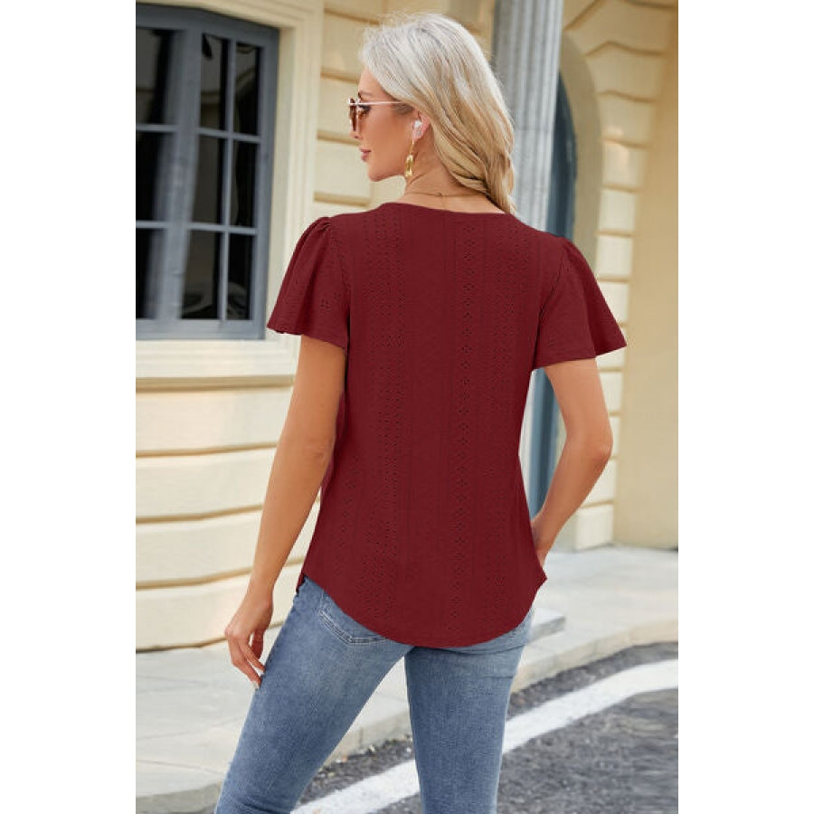 Eyelet Square Neck Short Sleeve T-Shirt Apparel and Accessories