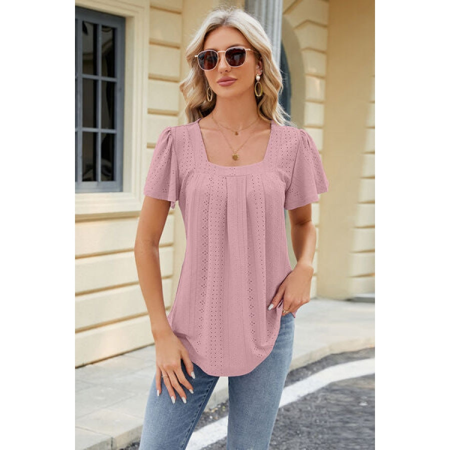 Eyelet Square Neck Short Sleeve T-Shirt Apparel and Accessories