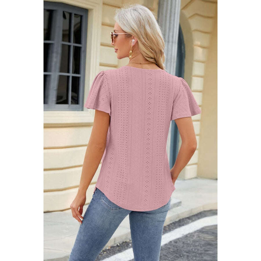 Eyelet Square Neck Short Sleeve T-Shirt Apparel and Accessories