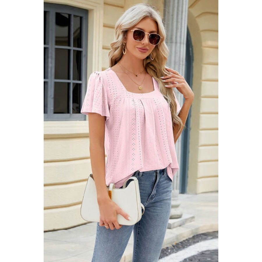 Eyelet Square Neck Short Sleeve T-Shirt Apparel and Accessories