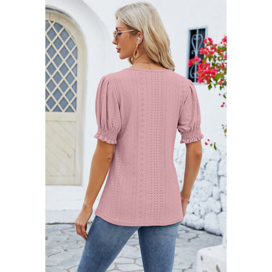 Eyelet Square Neck Short Sleeve T-Shirt Apparel and Accessories