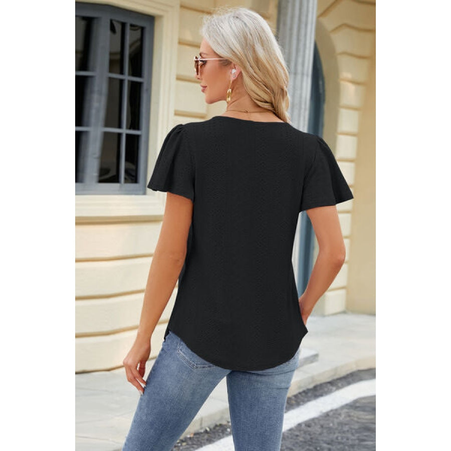 Eyelet Square Neck Short Sleeve T-Shirt Apparel and Accessories