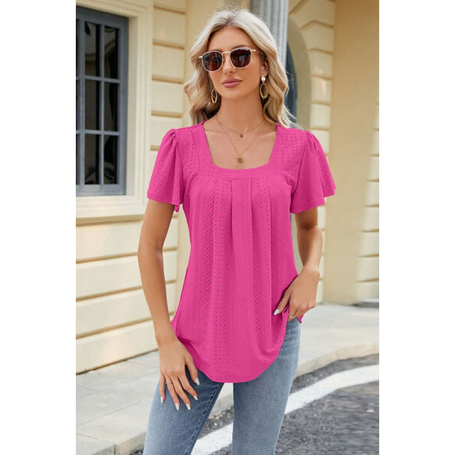 Eyelet Square Neck Short Sleeve T-Shirt Apparel and Accessories