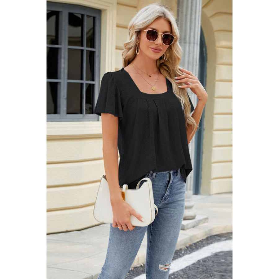 Eyelet Square Neck Short Sleeve T-Shirt Apparel and Accessories