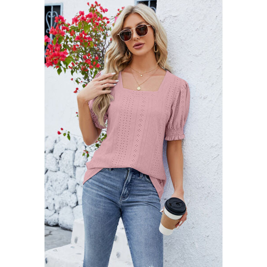 Eyelet Square Neck Short Sleeve T-Shirt Apparel and Accessories