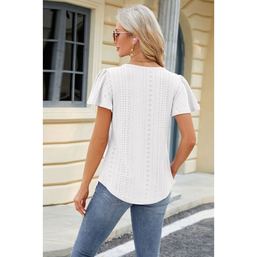 Eyelet Square Neck Short Sleeve T-Shirt Apparel and Accessories