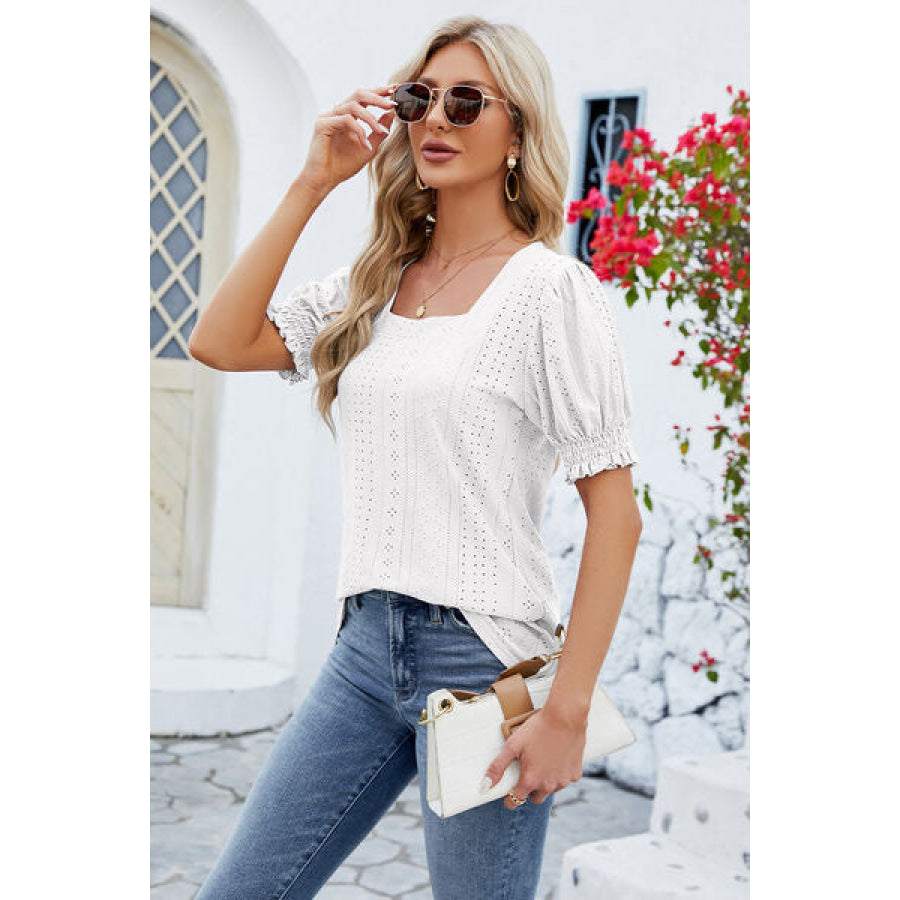 Eyelet Square Neck Short Sleeve T-Shirt Apparel and Accessories