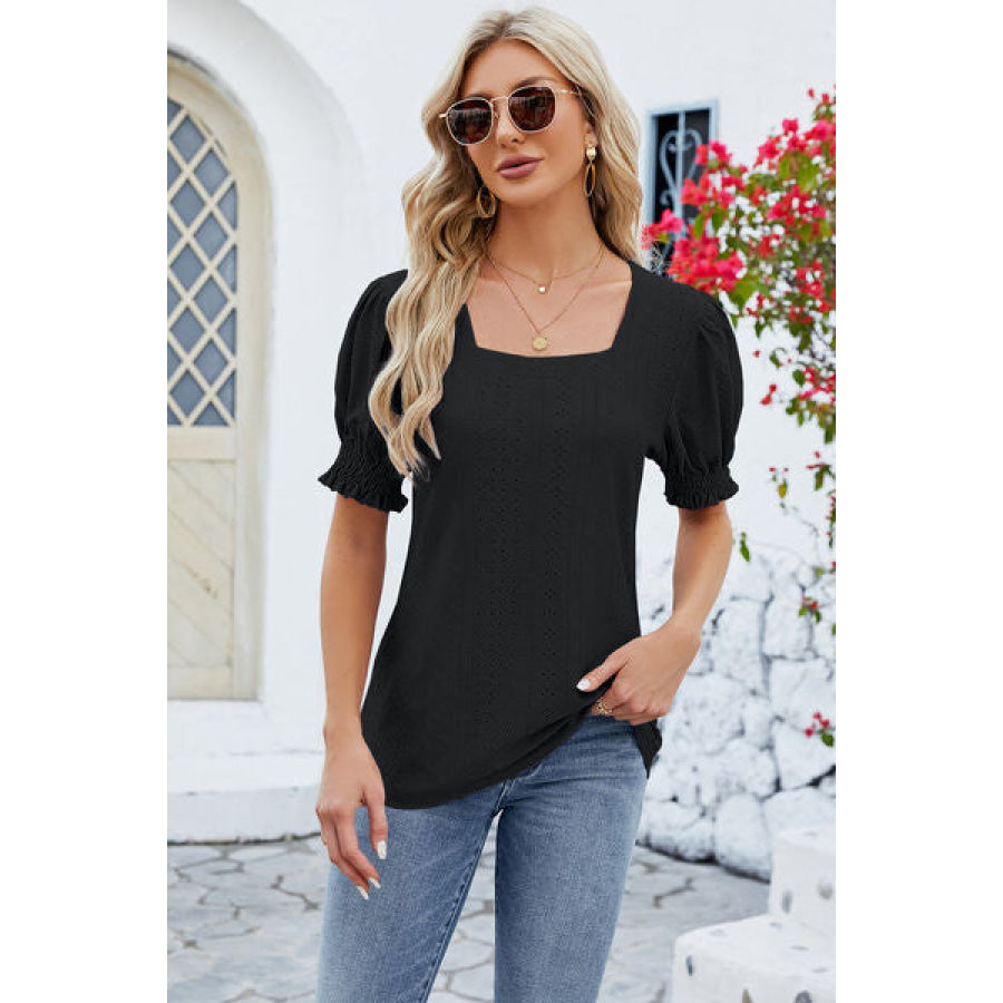 Eyelet Square Neck Short Sleeve T-Shirt Black / S Apparel and Accessories