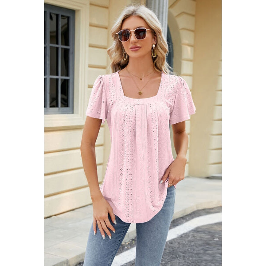 Eyelet Square Neck Short Sleeve T-Shirt Blush Pink / S Apparel and Accessories