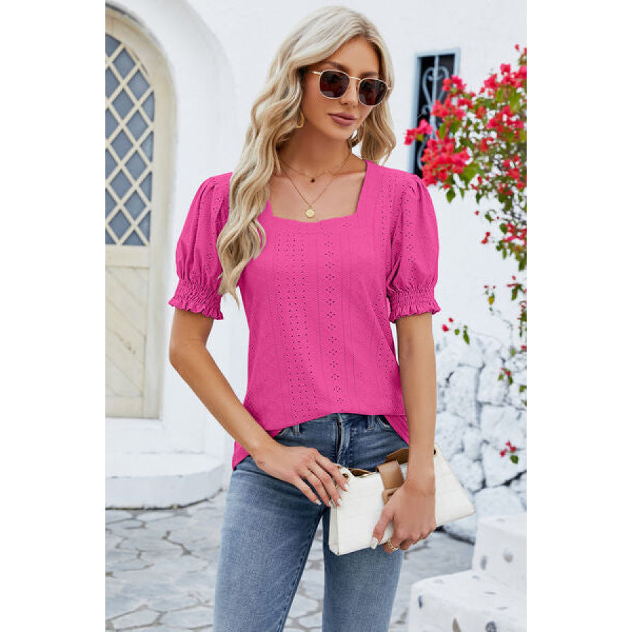 Eyelet Square Neck Short Sleeve T-Shirt Hot Pink / S Apparel and Accessories