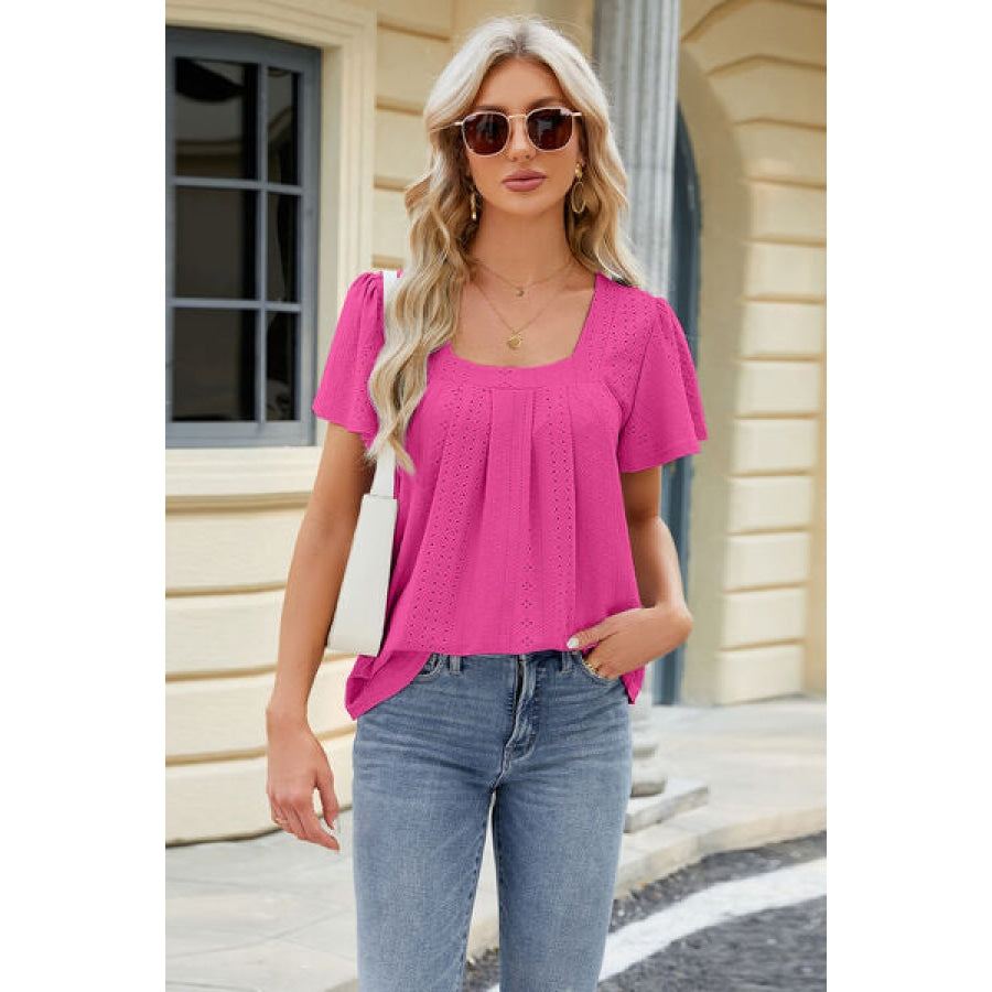 Eyelet Square Neck Short Sleeve T-Shirt Hot Pink / S Apparel and Accessories