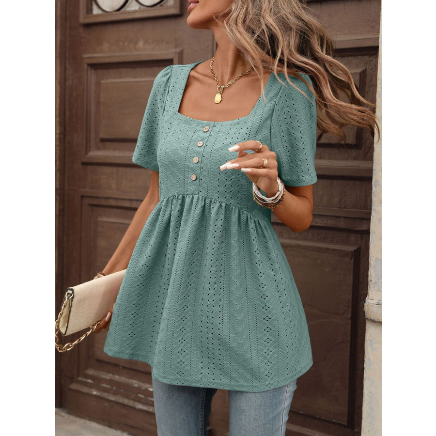 Eyelet Square Neck Short Sleeve Top Apparel and Accessories