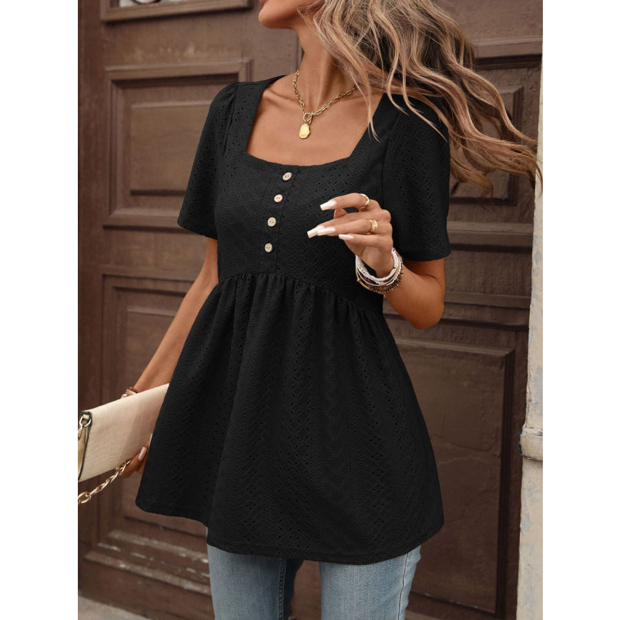 Eyelet Square Neck Short Sleeve Top Apparel and Accessories