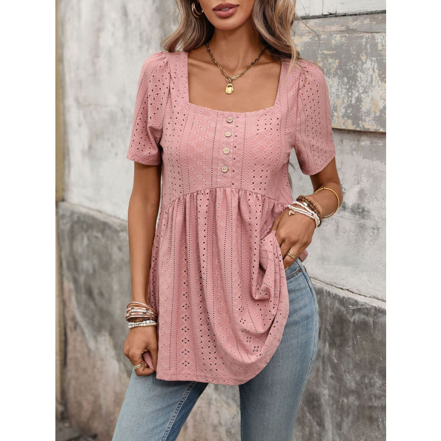 Eyelet Square Neck Short Sleeve Top Apparel and Accessories