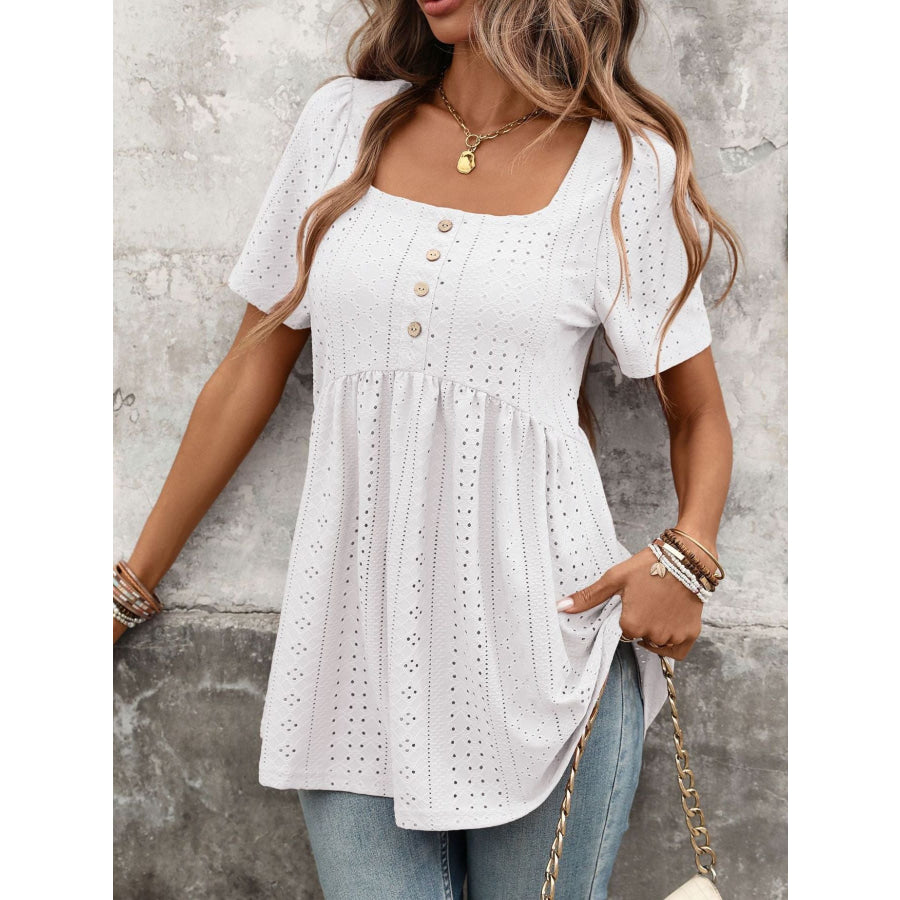 Eyelet Square Neck Short Sleeve Top Apparel and Accessories