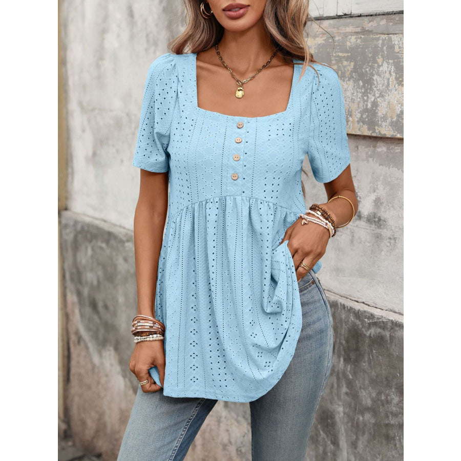 Eyelet Square Neck Short Sleeve Top Apparel and Accessories