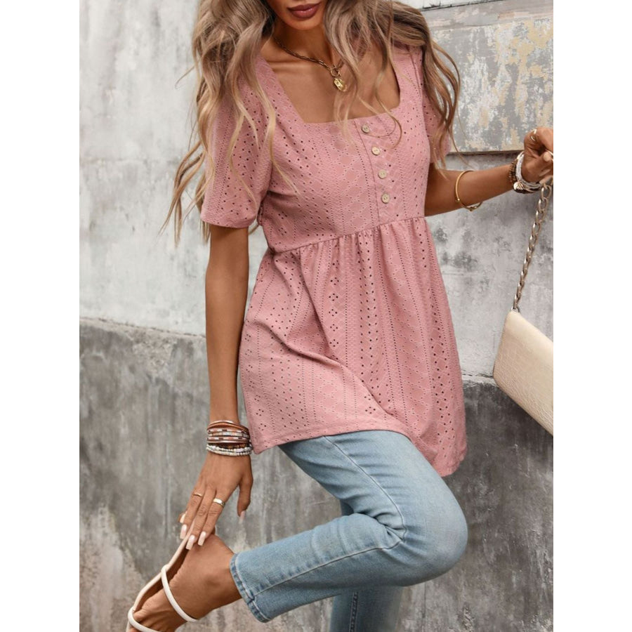 Eyelet Square Neck Short Sleeve Top Apparel and Accessories