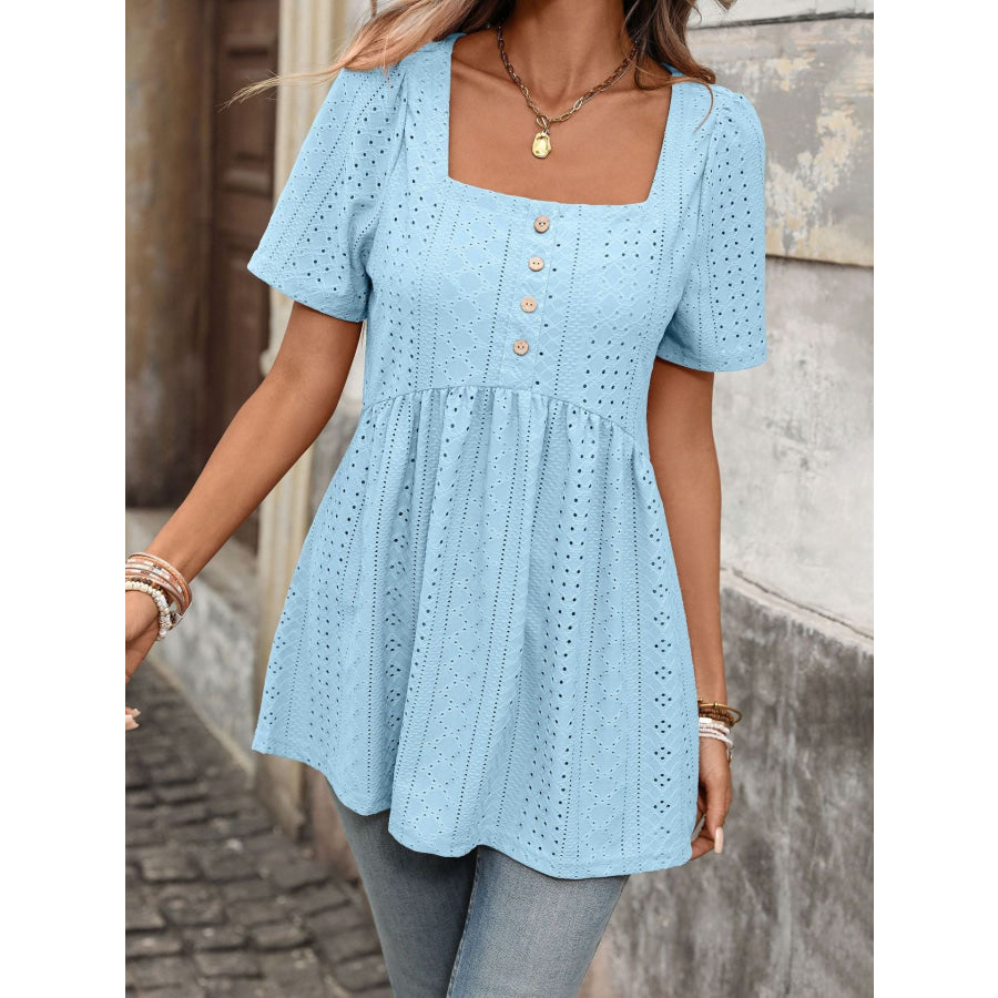 Eyelet Square Neck Short Sleeve Top Sky Blue / S Apparel and Accessories