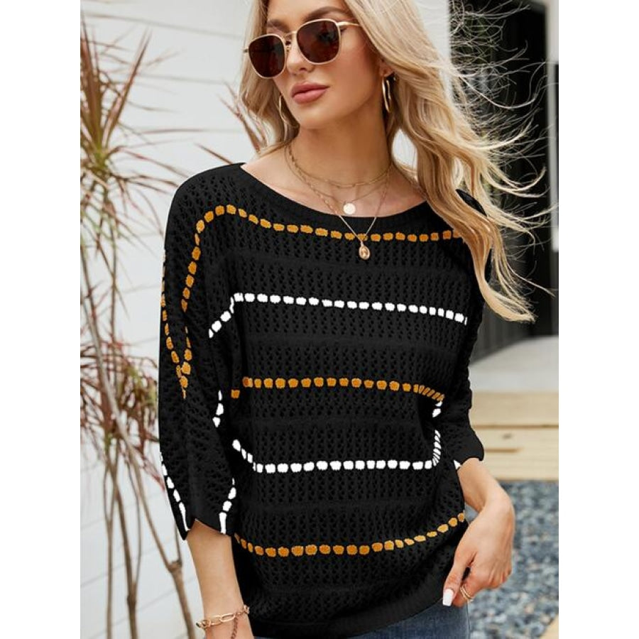 Eyelet Striped Round Neck Knit Top Black / S Clothing