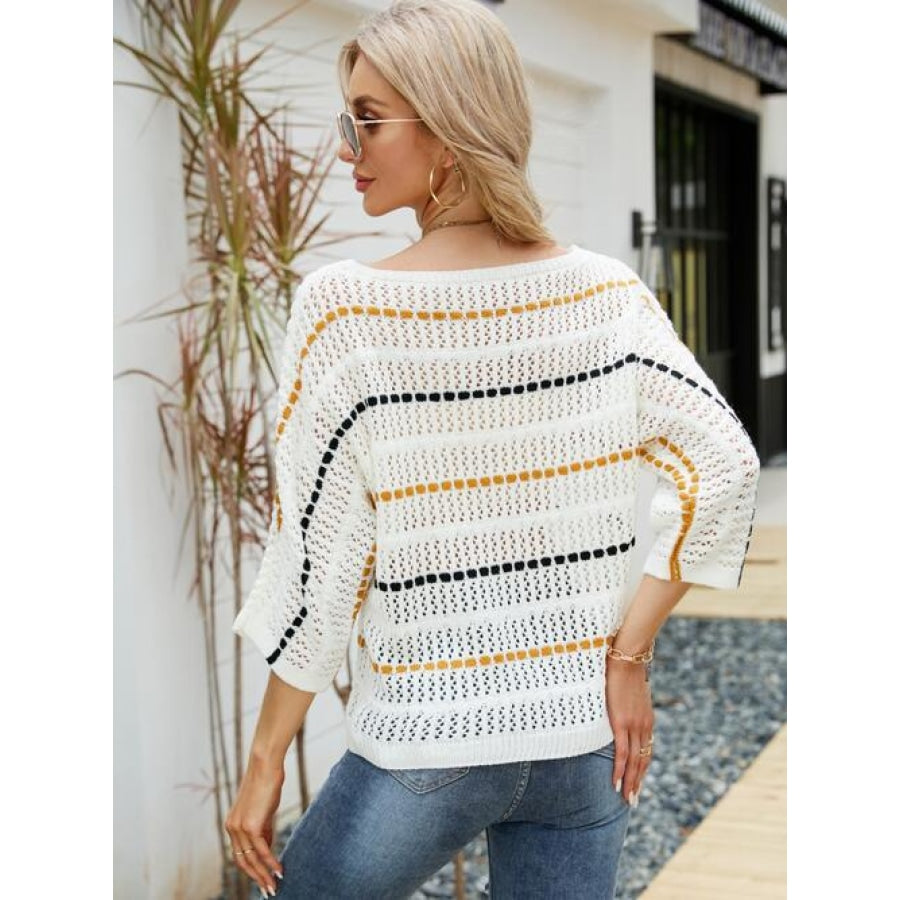 Eyelet Striped Round Neck Knit Top Clothing