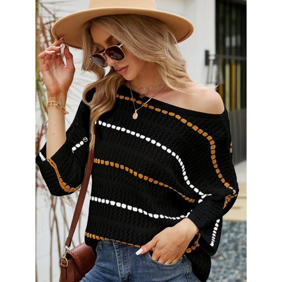 Eyelet Striped Round Neck Knit Top Clothing