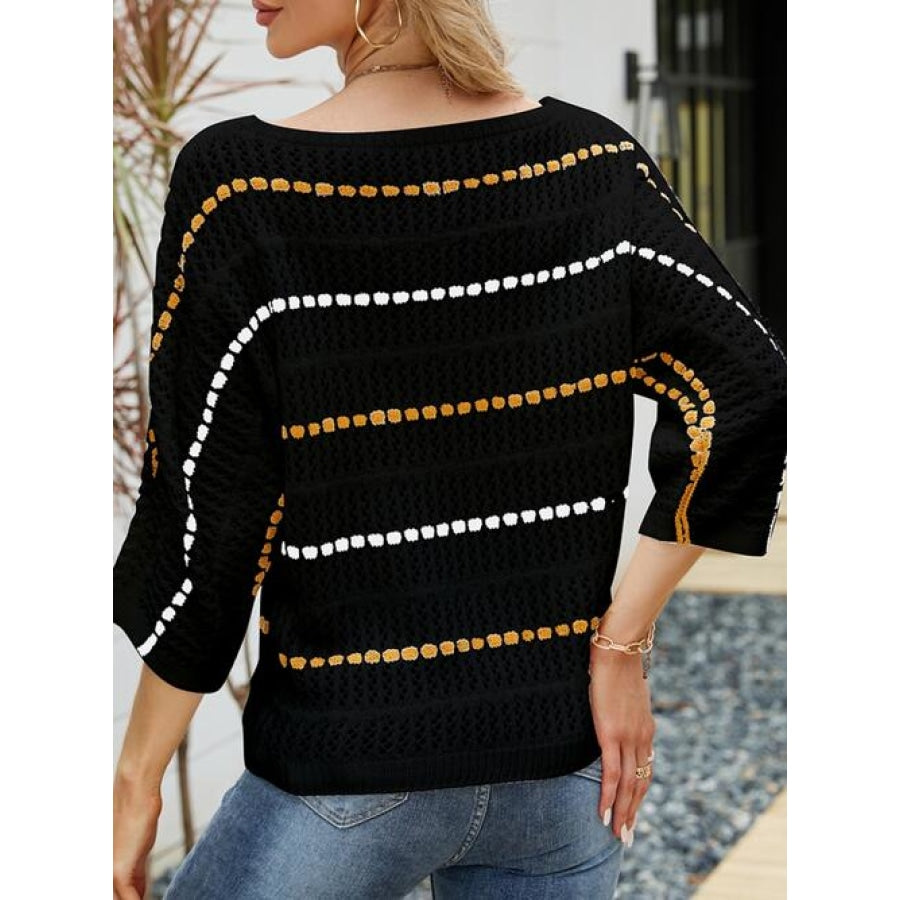 Eyelet Striped Round Neck Knit Top Clothing