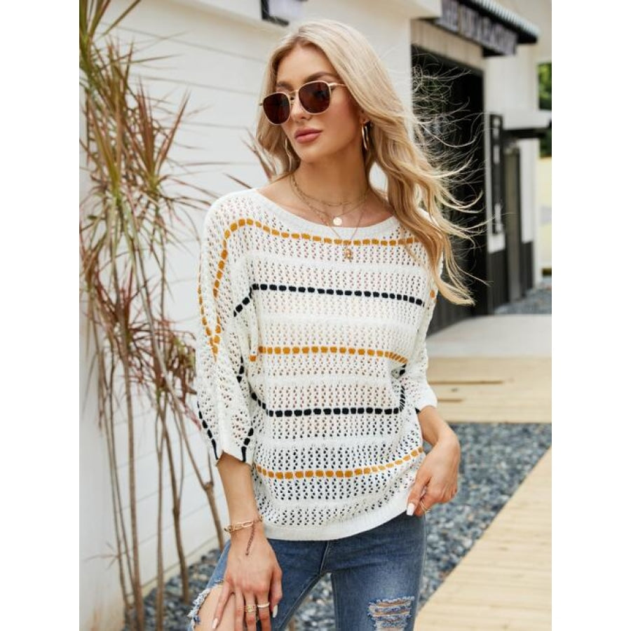 Eyelet Striped Round Neck Knit Top Clothing