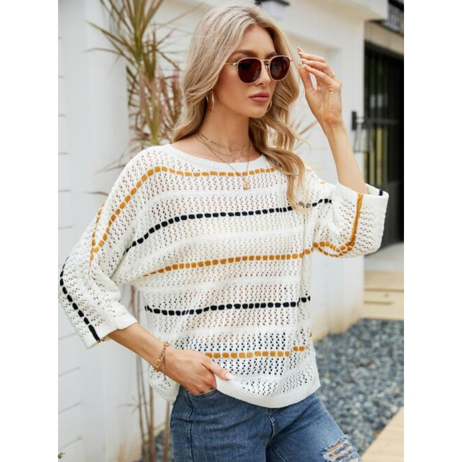 Eyelet Striped Round Neck Knit Top White / S Clothing