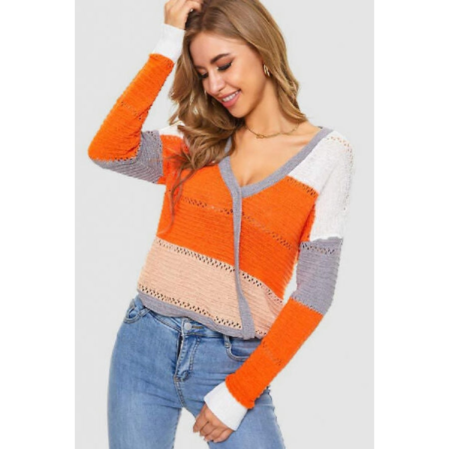 Eyelet Surplice Dropped Shoulder Sweater Orange / S Apparel and Accessories