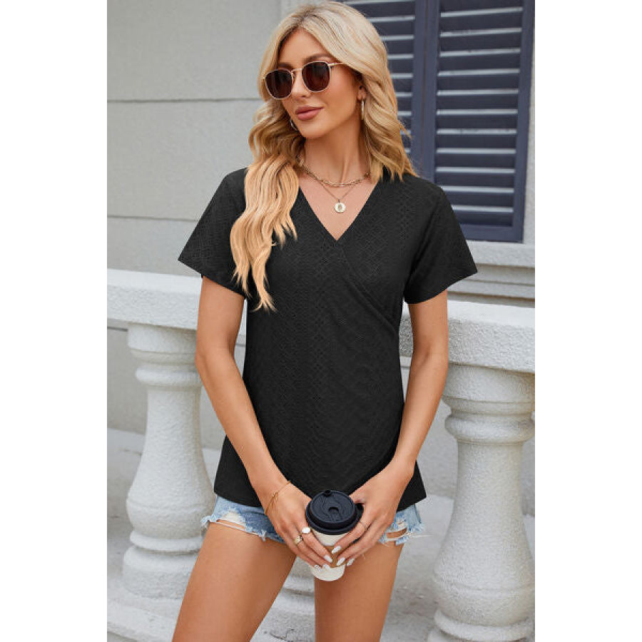 Eyelet Surplice Short Sleeve T - Shirt Apparel and Accessories