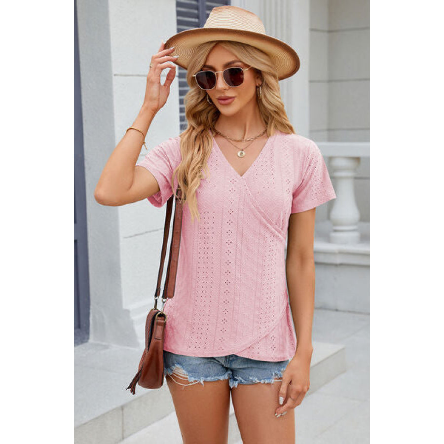 Eyelet Surplice Short Sleeve T - Shirt Apparel and Accessories