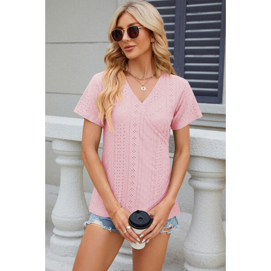 Eyelet Surplice Short Sleeve T - Shirt Blush Pink / S Apparel and Accessories