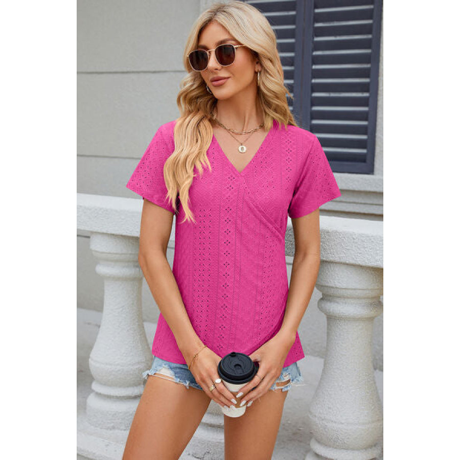 Eyelet Surplice Short Sleeve T - Shirt Hot Pink / S Apparel and Accessories