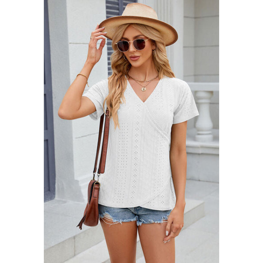 Eyelet Surplice Short Sleeve T - Shirt White / S Apparel and Accessories