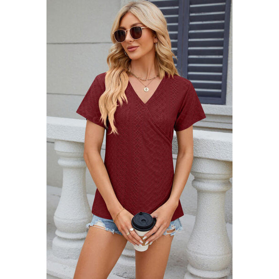 Eyelet Surplice Short Sleeve T - Shirt Wine / S Apparel and Accessories