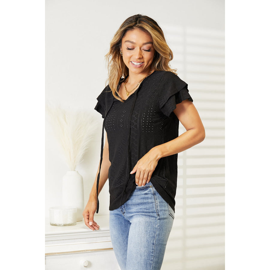 Eyelet Tie-Neck Flutter Sleeve Blouse Apparel and Accessories