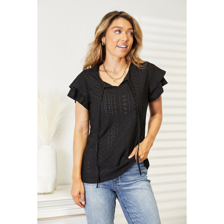 Eyelet Tie-Neck Flutter Sleeve Blouse Black / S Apparel and Accessories