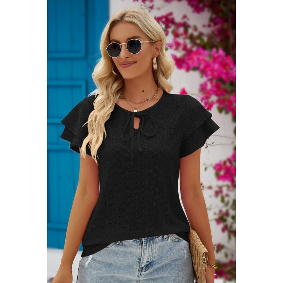 Eyelet Tie-Neck Flutter Sleeve Blouse Black / S