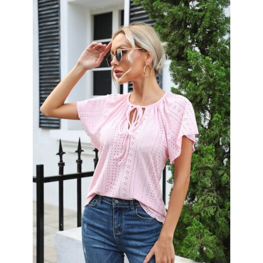 Eyelet Tie Neck Flutter Sleeve Blouse Blush Pink / S Clothing