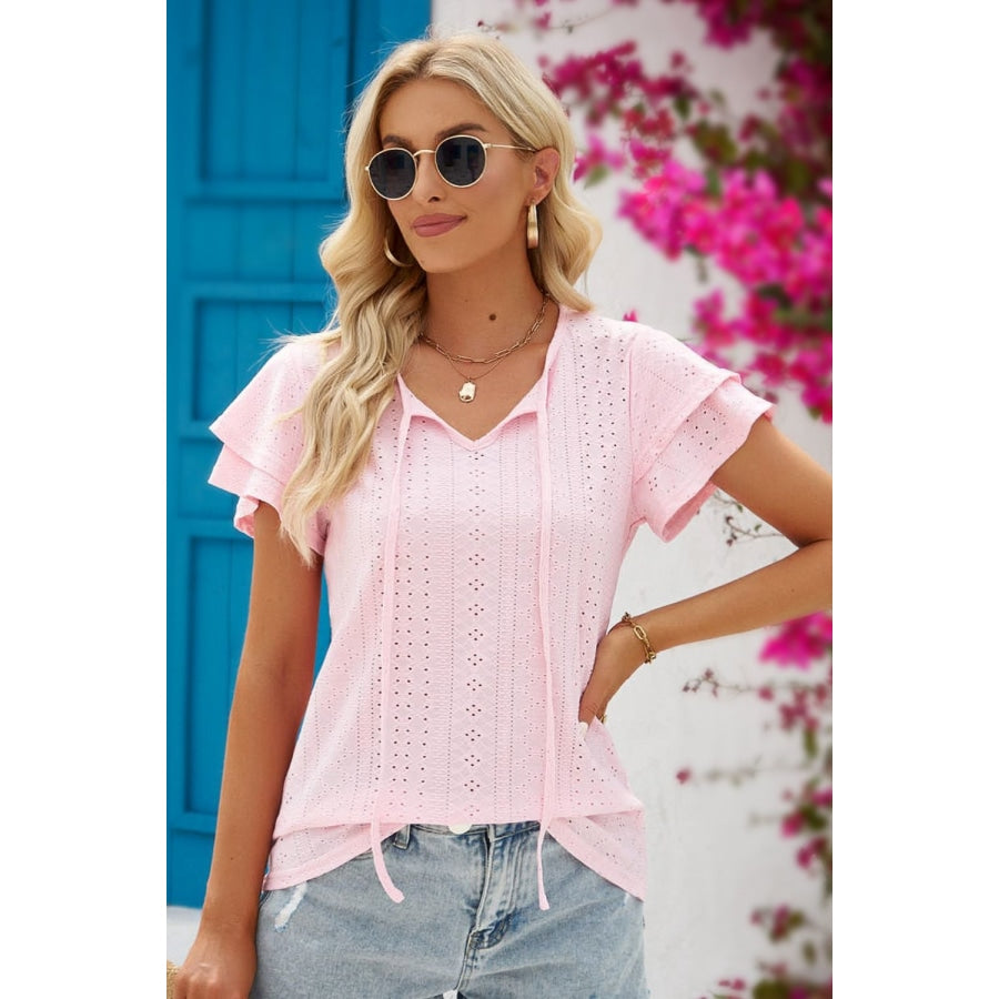 Eyelet Tie-Neck Flutter Sleeve Blouse Blush Pink / S