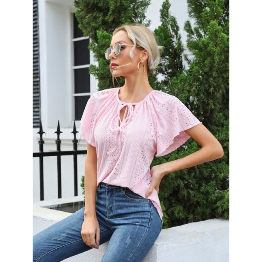 Eyelet Tie Neck Flutter Sleeve Blouse Clothing