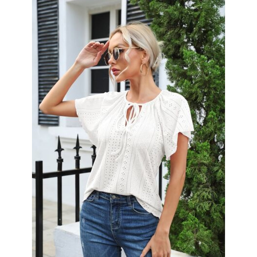 Eyelet Tie Neck Flutter Sleeve Blouse Clothing