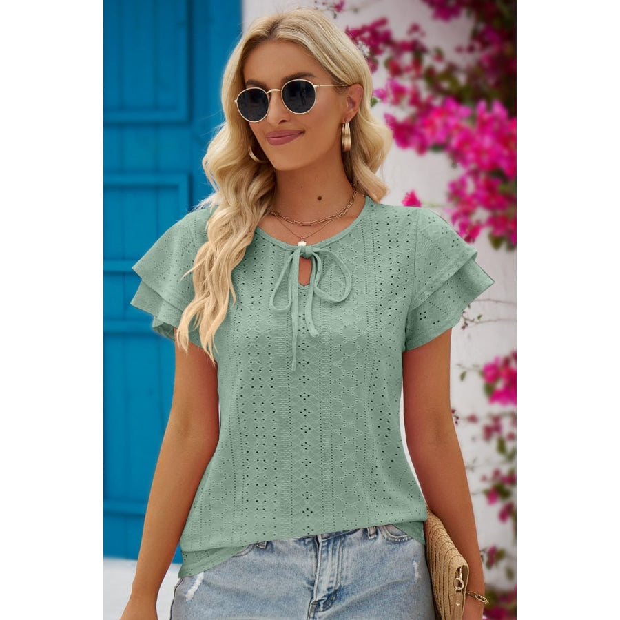 Eyelet Tie-Neck Flutter Sleeve Blouse Gum Leaf / S