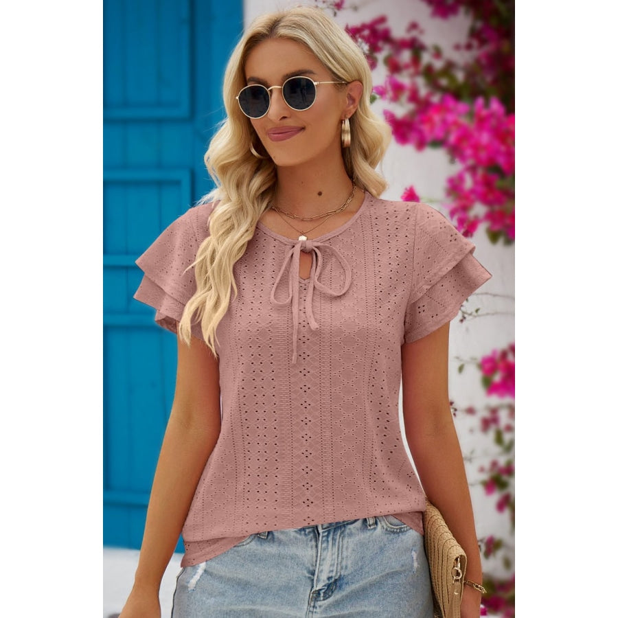 Eyelet Tie-Neck Flutter Sleeve Blouse Light Mauve / S