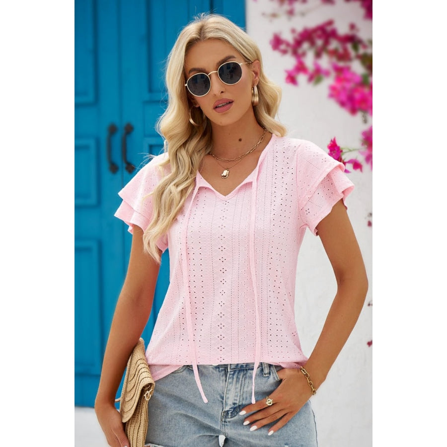 Eyelet Tie-Neck Flutter Sleeve Blouse