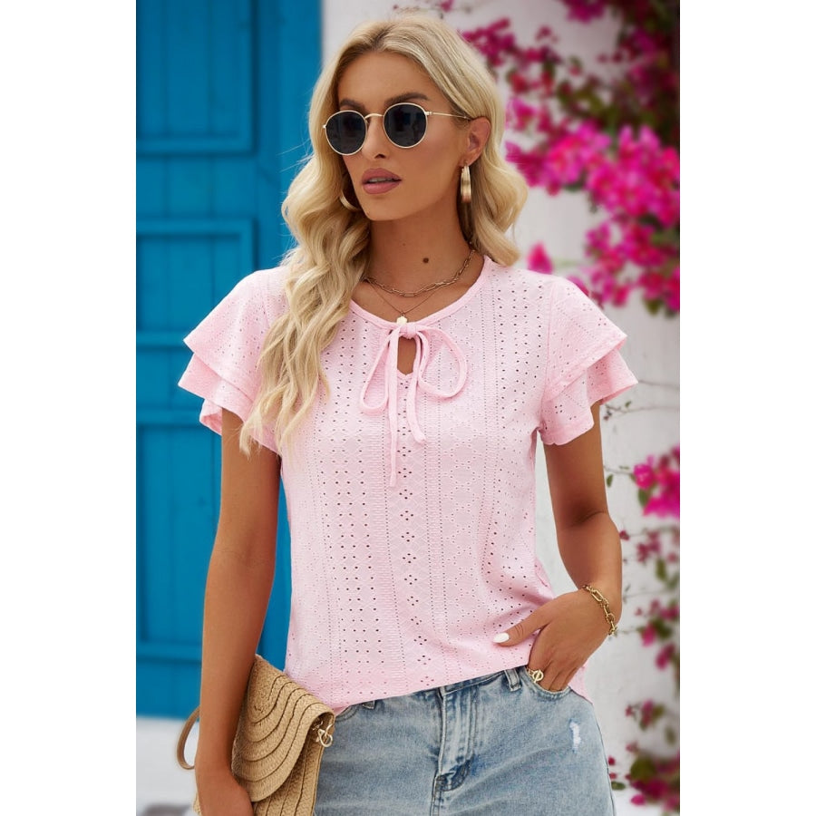 Eyelet Tie-Neck Flutter Sleeve Blouse