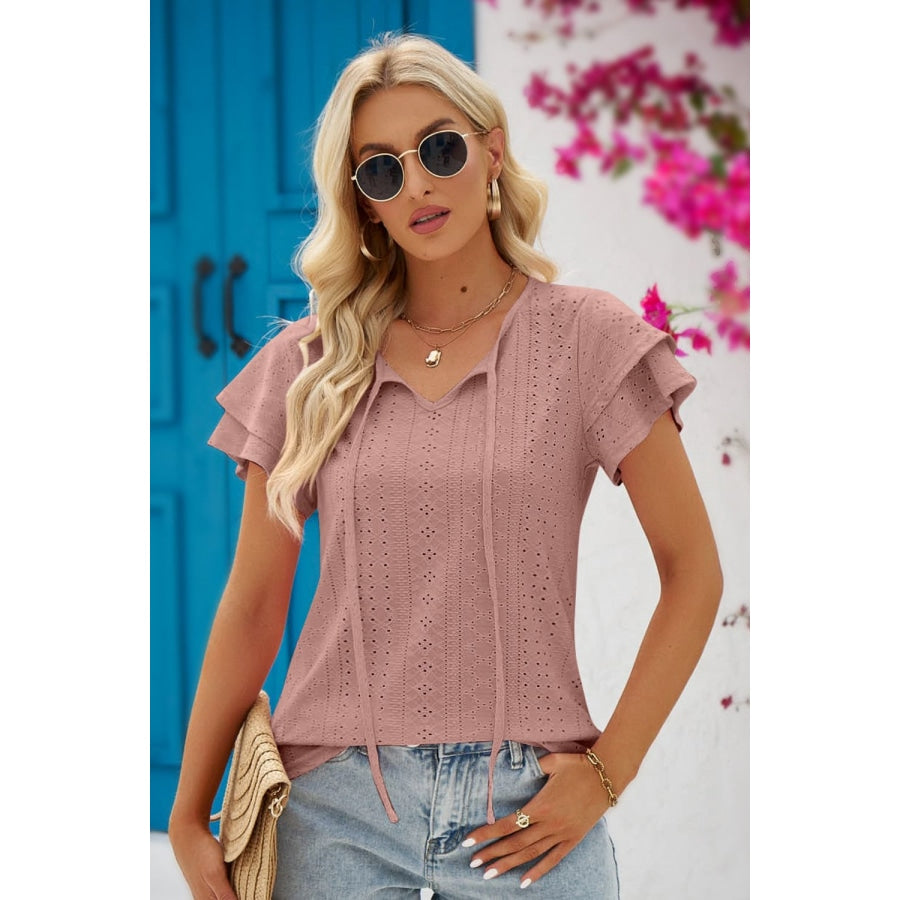 Eyelet Tie-Neck Flutter Sleeve Blouse